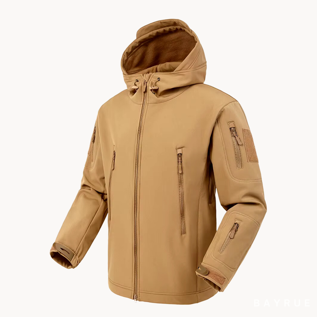 Herenjas opgevouwen in een klein zakje, compact en draagbaar.