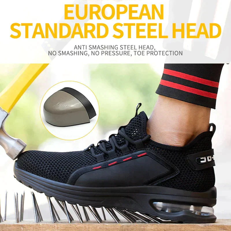 Detail van de SteelFlex One veiligheidsschoen: stalen neus, kevlar tussenzool en duurzame materialen.