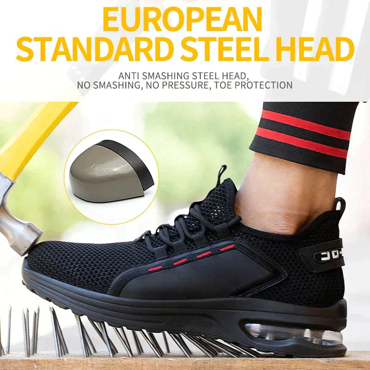 Detail van de SteelFlex One veiligheidsschoen: stalen neus, kevlar tussenzool en duurzame materialen.
