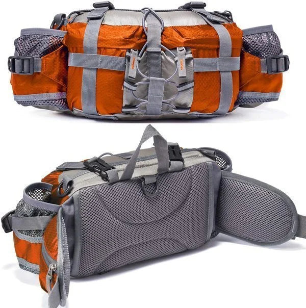 Persoon draagt een functionele ultralichte waterdichte heuptas; perfect voor vrije handen tijdens outdoor sporten.
