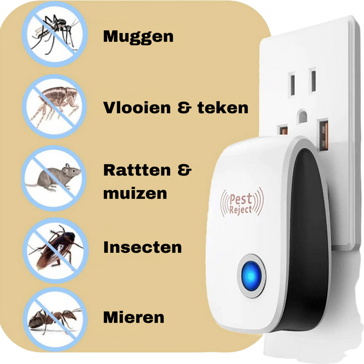 Elektronische ultrasone insecten- en muizenverjager. Gifvrij, plug-in model voor effectieve plaagdierbeheersing binnen.