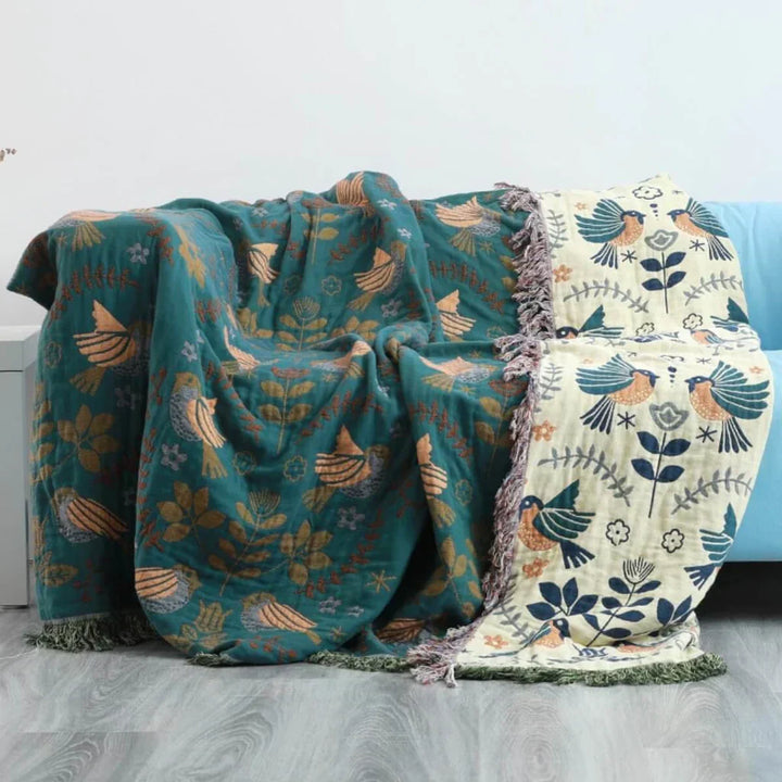 Omkeerbaar Scandinavisch dekbed met vogelontwerp, harmonieuze kleuren, voor woon- en slaapkamer, veelzijdig inzetbaar.
