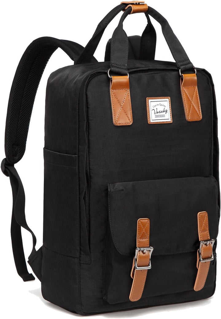Vooraanzicht UrbanEase vintage 15.6" laptoprugzak, waterbestendig, met externe ritsvakken voor snelle toegang.