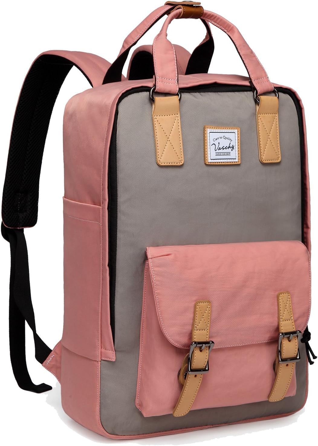 Roze waterbestendige vintage UrbanEase rugzak 15.6" voor laptops, met meerdere organisatievakken.