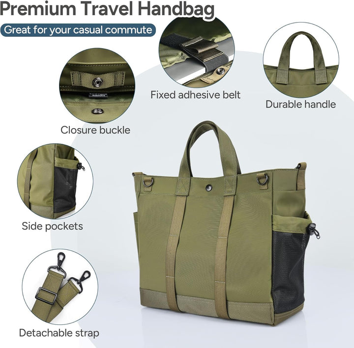 MetroCarry laptoptas, groene variant met meerdere vakken, verstelbare band voor uniseks gebruik.