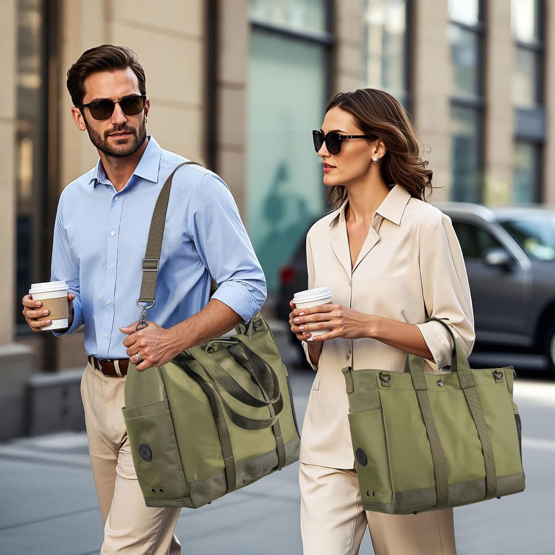 Strakke uniseks reistas, groene laptoptas met diverse vakken en verstelbare band voor comfort.