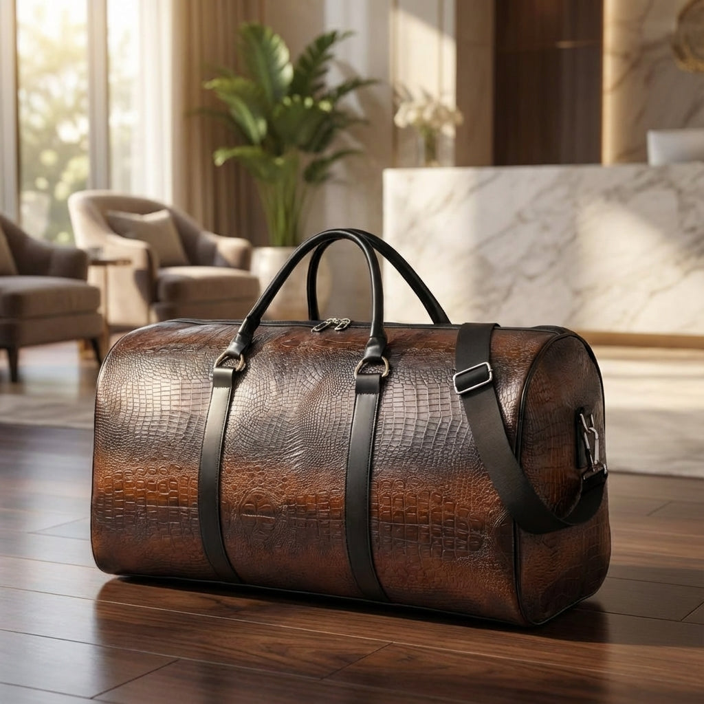 Uniseks Spaceline reistas met verstelbare band, perfect voor weekendtrips. Stijlvolle duffelbag in zwart/donkerbruin.