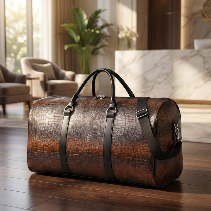 Uniseks Spaceline reistas met verstelbare band, perfect voor weekendtrips. Stijlvolle duffelbag in zwart/donkerbruin.