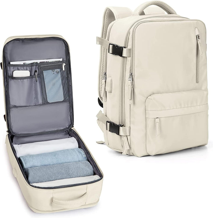 Uniseks waterdichte reisrugzak met schoenvak en USB-poort, ideaal voor 14" laptop en bagage.