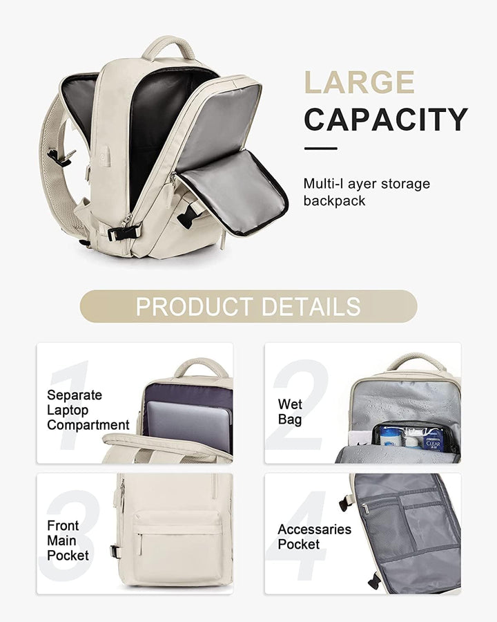 Comfortabele uniseks reisrugzak, waterdicht, met schoenvak en USB voor 14" laptop, ideaal voor reizen.