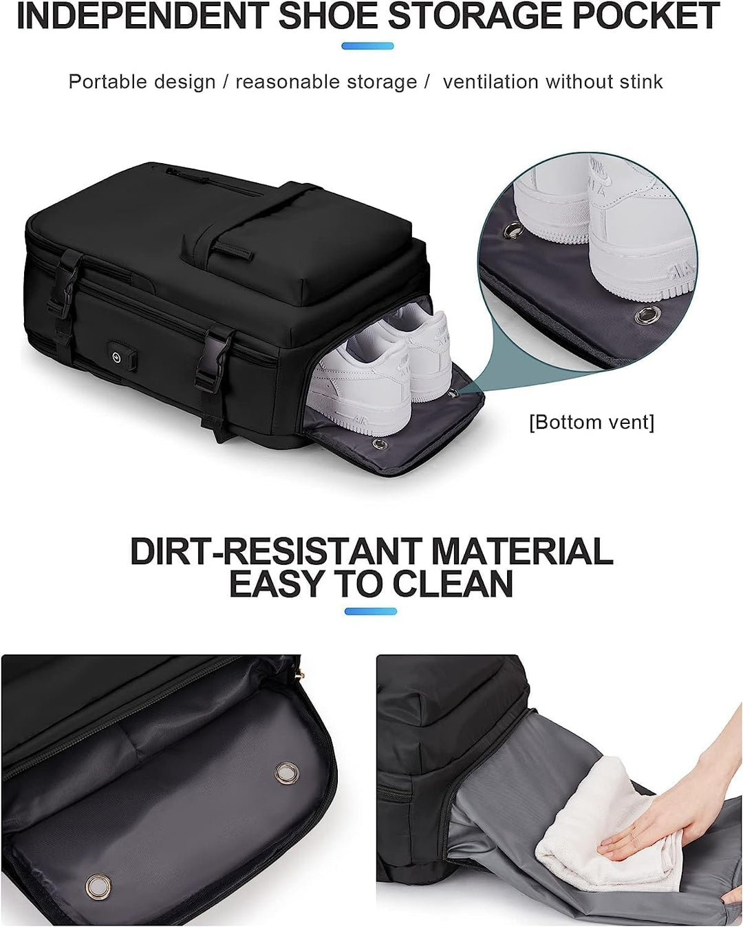 Zwarte waterdichte reisrugzak met schoenvak en USB-poort, uniseks model voor werk, reizen en outdoor.