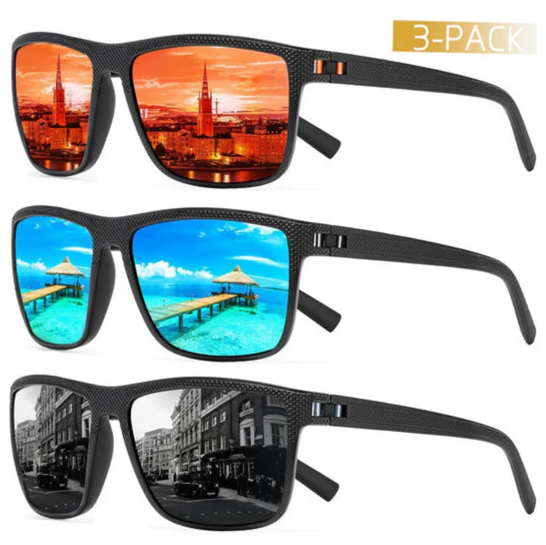 Unisex 3-delige set gepolariseerde zonnebrillen met UV400 bescherming, ideaal voor sport en vakantie.