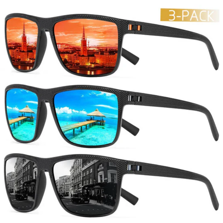 Unisex 3-delige set gepolariseerde zonnebrillen met UV400 bescherming, ideaal voor sport en vakantie.