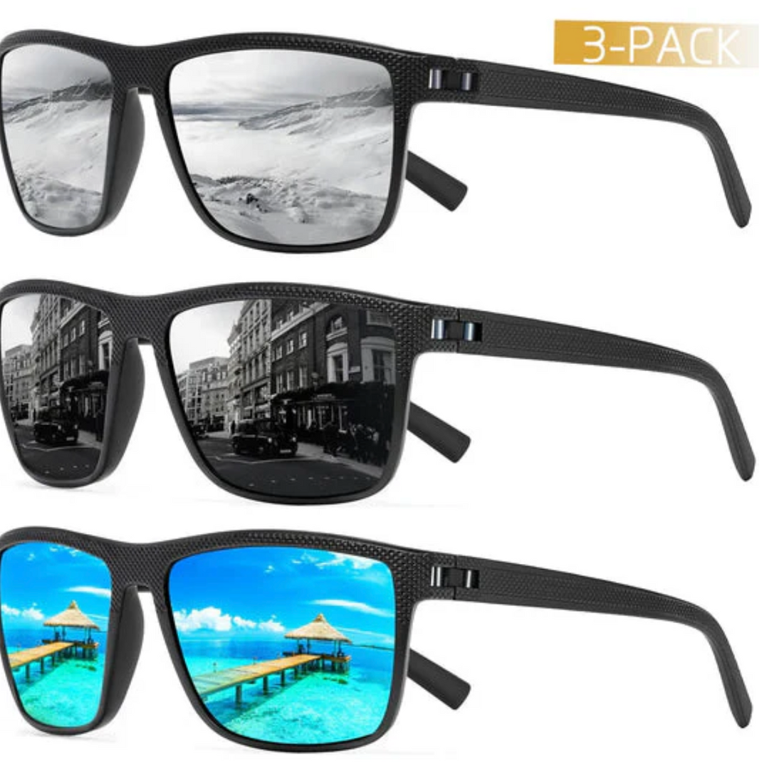 Stijlvolle unisex gepolariseerde zonnebrillen set (3 stuks) voor optimale UV400 oogbescherming.