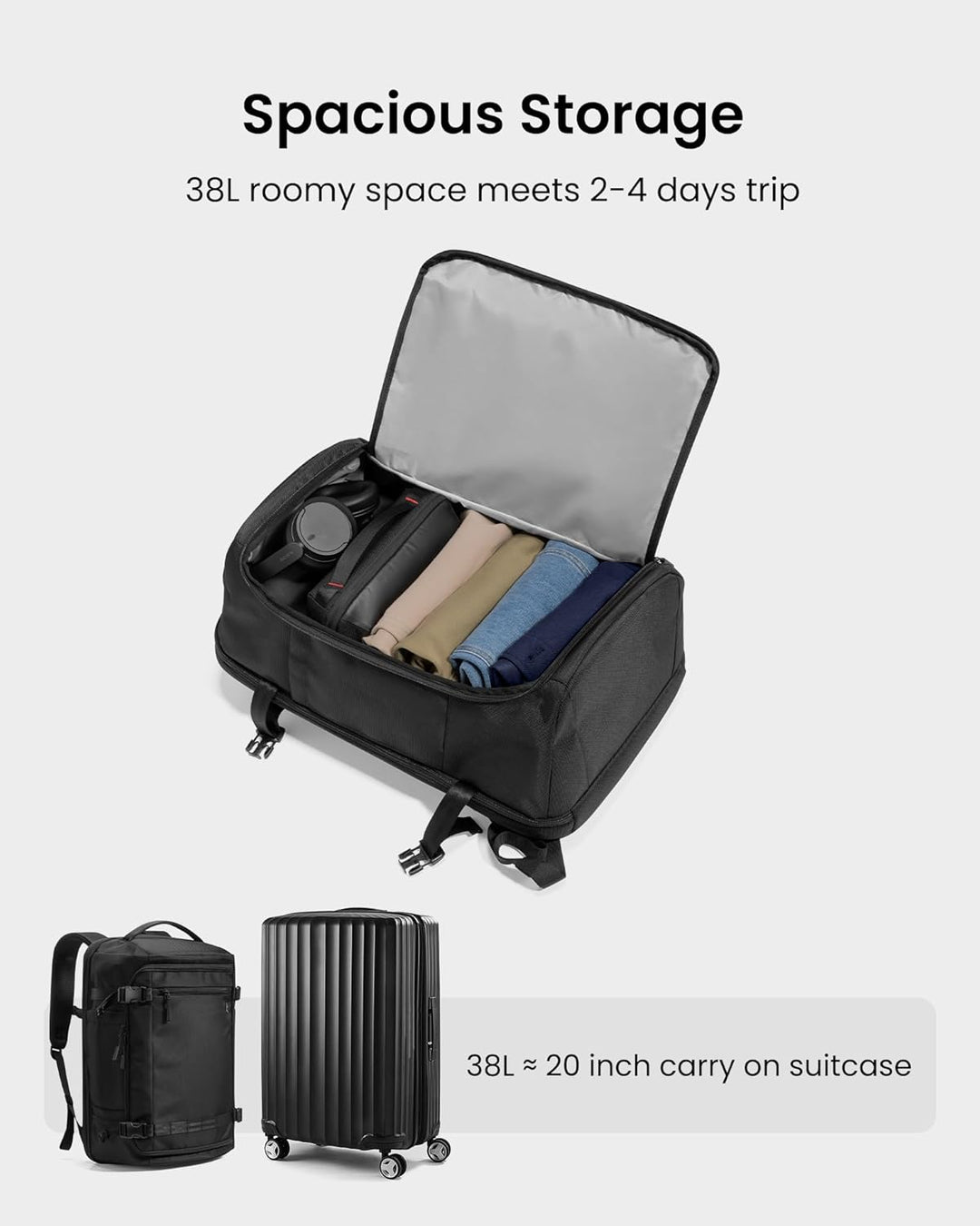 Reisrugzak met ruim 38L compartiment en gevoerd laptopvak. Georganiseerd reizen met deze handbagage tas.