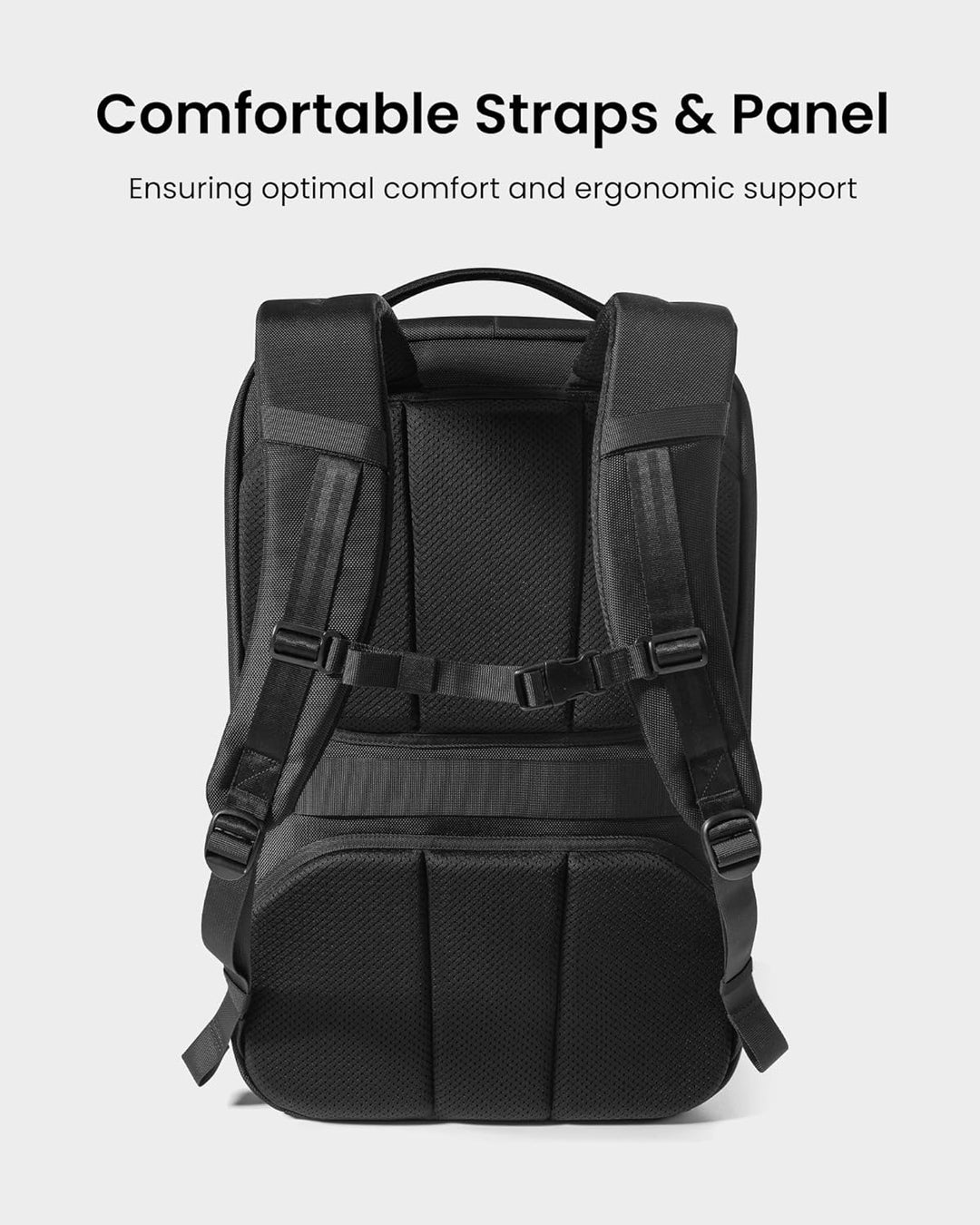 Robuuste 38L handbagage rugzak, geschikt voor frequente reizen. Met stevige ritsen en comfortabele handgreep.