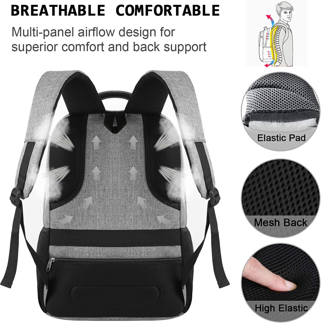 Zwarte anti-diefstal laptoprugzak, waterbestendig, met USB-poort voor onderweg.