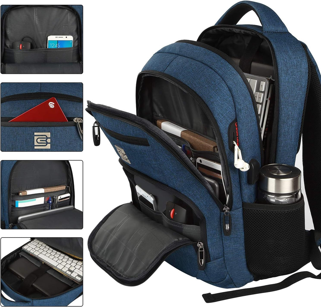 Unisex anti-diefstal rugzak met meerdere vakken, inclusief laptopvak en USB-poort.