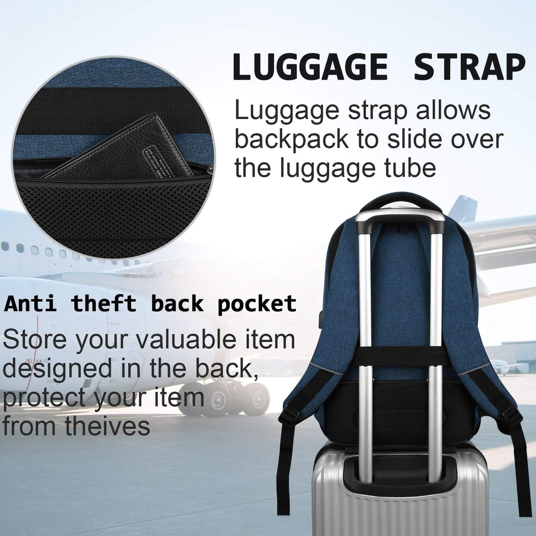 Anti-diefstal rugzak met verborgen ritsen en USB oplaadpoort, veilig voor je laptop.