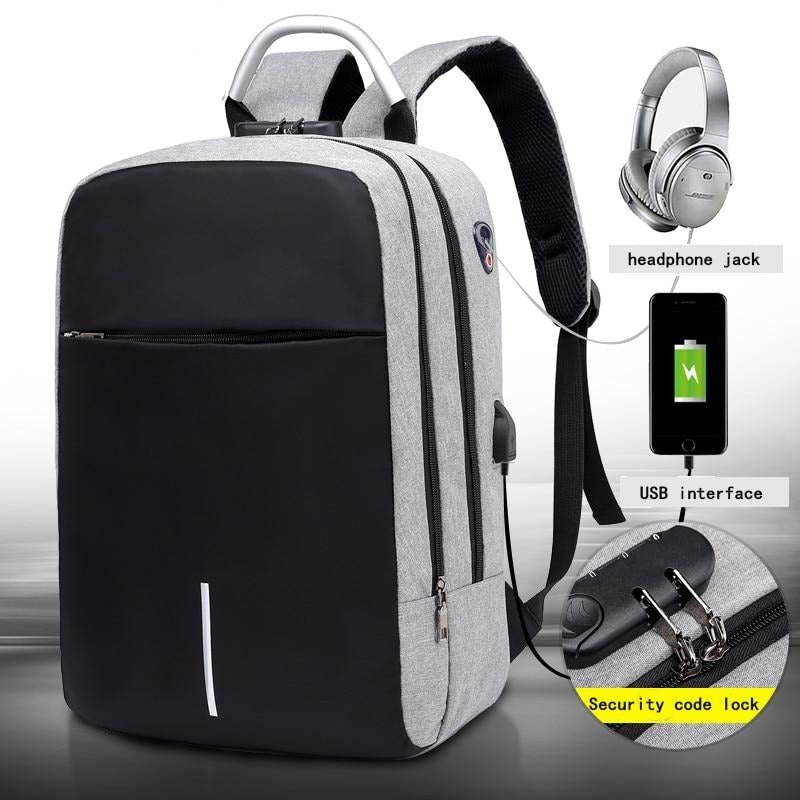 Zwarte waterdichte anti-diefstal rugzak. Perfect voor laptop en bescherming tegen regen en diefstal.