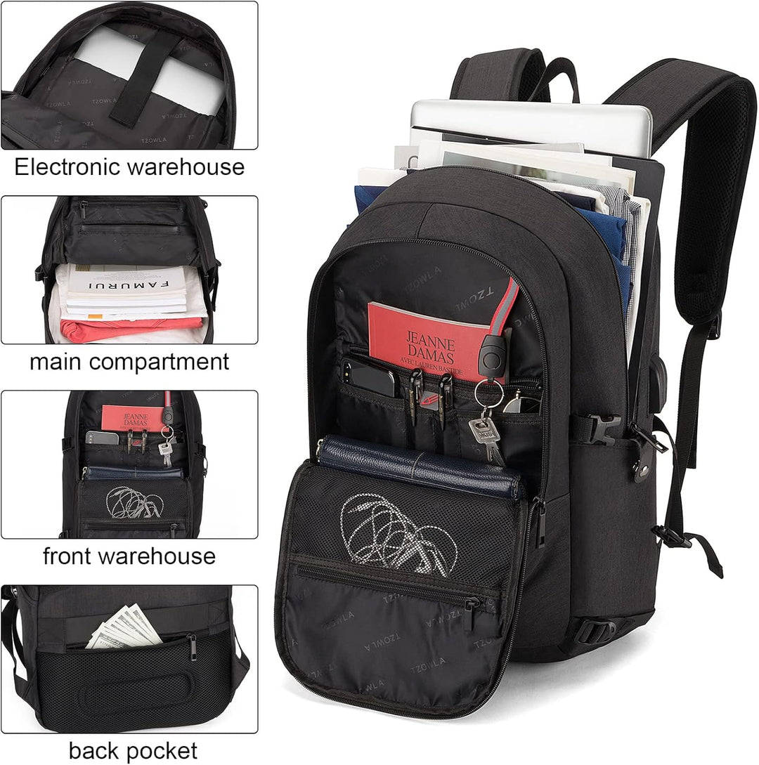 Zwarte antidiefstal rugzak met USB-poort, perfect voor georganiseerde reizen en werk.