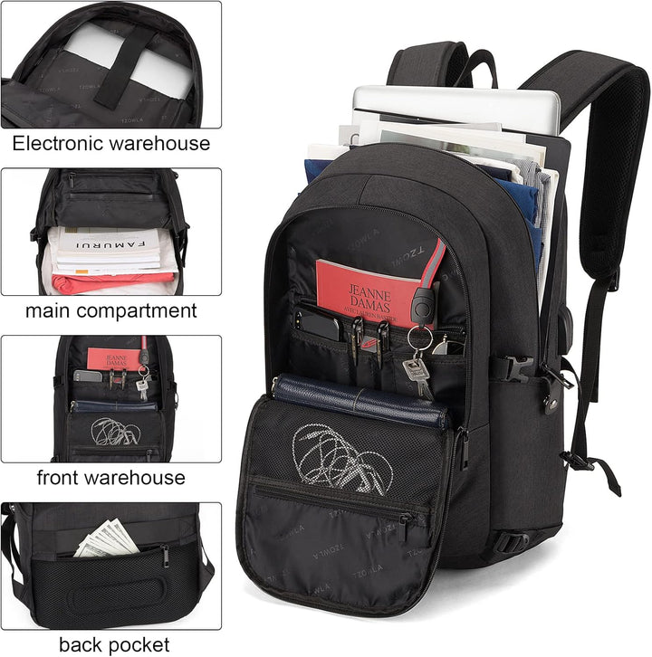 Zwarte antidiefstal rugzak met USB-poort, perfect voor georganiseerde reizen en werk.