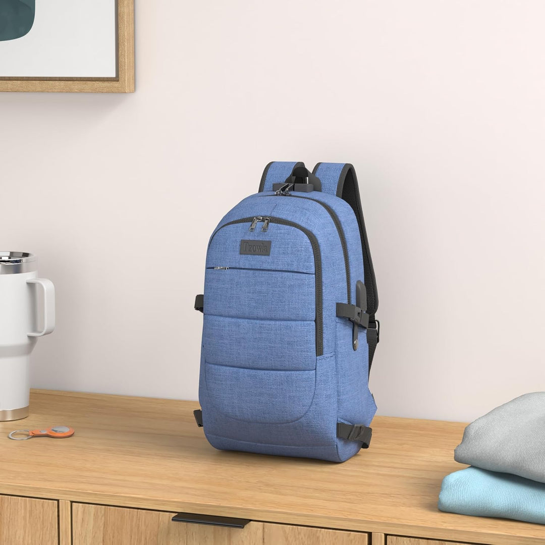 Zwarte antidiefstal rugzak met USB, geschikt voor 17-inch laptops en dagelijks gebruik.