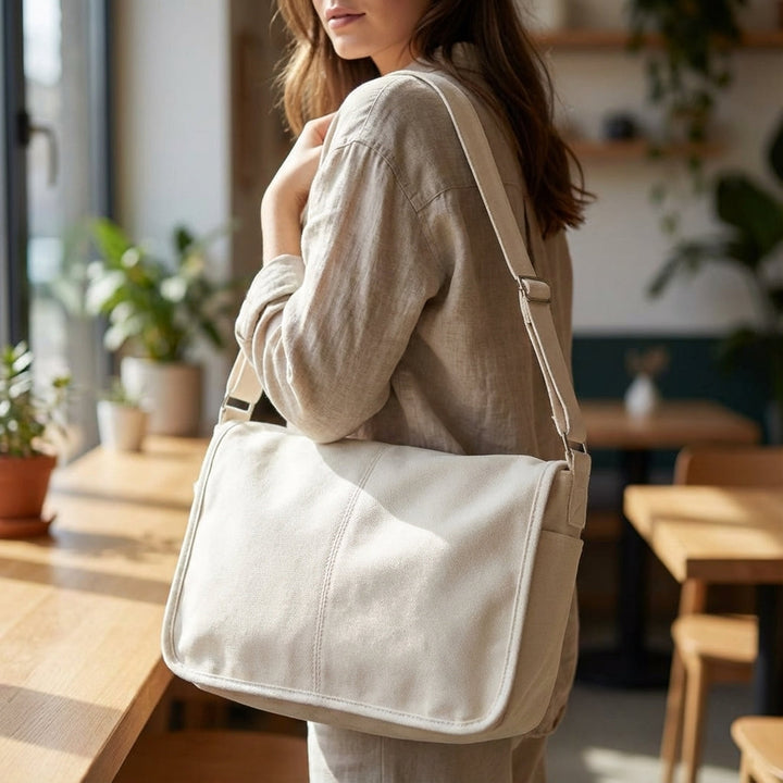 Unisex canvas schoudertas, stevig en duurzaam, ideaal voor dagelijks gebruik met verstelbare riem en ruime opbergruimte.
