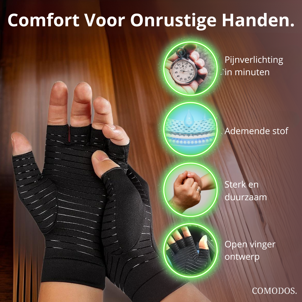Comfortabele compressie handschoenen voor handondersteuning & pijnvermindering bij artritis. Ideaal voor dagelijks gebruik.