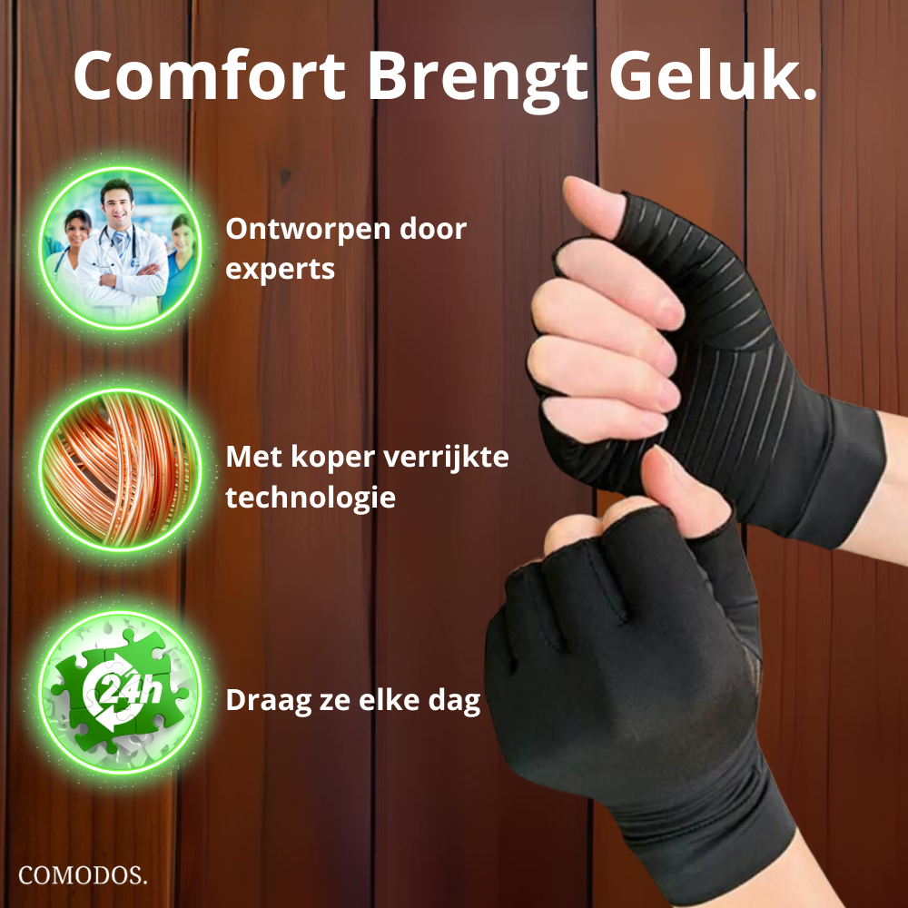 Hoge kwaliteit compressie handschoenen voor effectieve pijnverlichting bij carpaaltunnel, reuma & algemene handpijn.