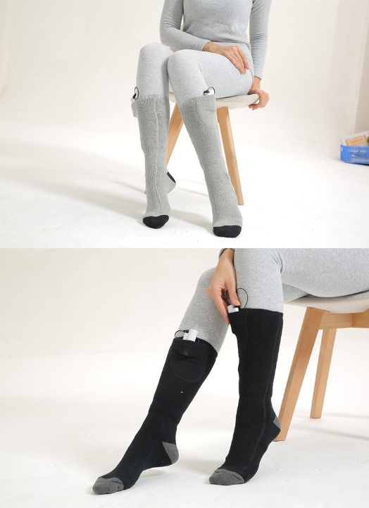 Oplaadbare thermo sokken voor warme voeten, ideaal voor winterkleding en outdoor activiteiten. Verbetert bloedcirculatie.