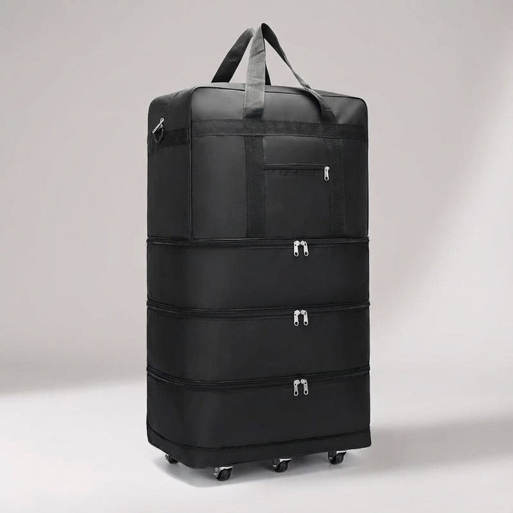 Compact opgevouwen ExpandRoll reistas met wielen, perfect voor opslag en makkelijk mee te nemen. Handige duffel trolley.
