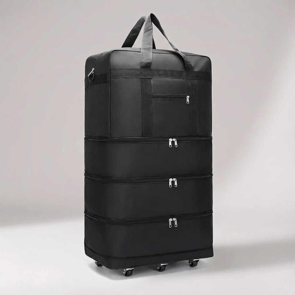 Compact opgevouwen ExpandRoll reistas met wielen, perfect voor opslag en makkelijk mee te nemen. Handige duffel trolley.