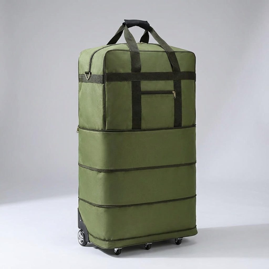 Unisex ExpandRoll reistas met wielen in gebruik, soepele trolley voor comfortabel reizen. Opvouwbaar en uitbreidbare bagage.