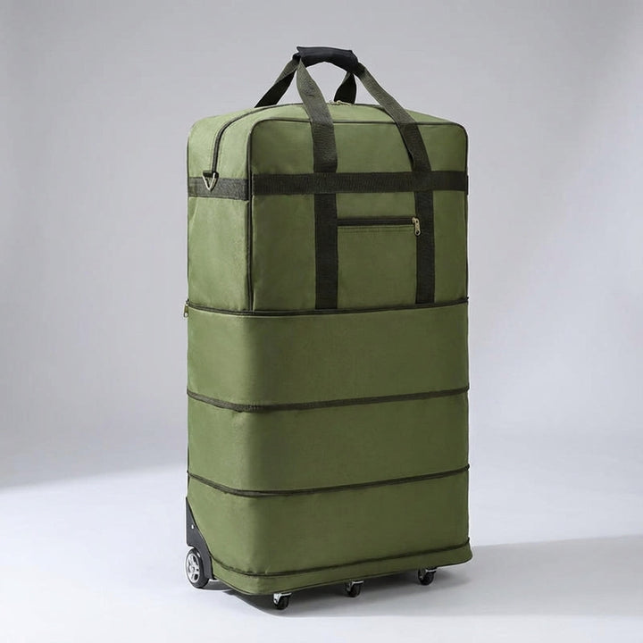Unisex ExpandRoll reistas met wielen in gebruik, soepele trolley voor comfortabel reizen. Opvouwbaar en uitbreidbare bagage.