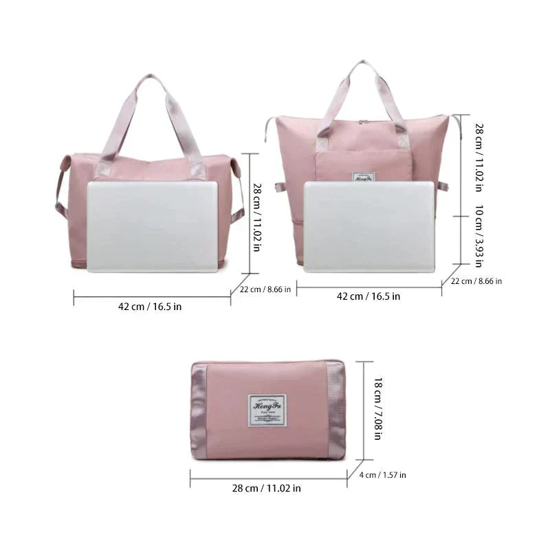 Duurzame FlexiCarry reistas, opvouwbaar en multifunctioneel, geschikt als handbagage en sporttas.