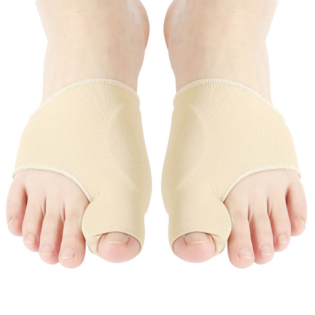 Detail van flexibele teen corrector met geïntegreerde gelpad; biedt ondersteuning & verlicht bunion druk.