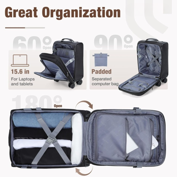 Compacte handbagage reistas met laptopvak en 360° spinnerwielen, essentieel voor reizen.