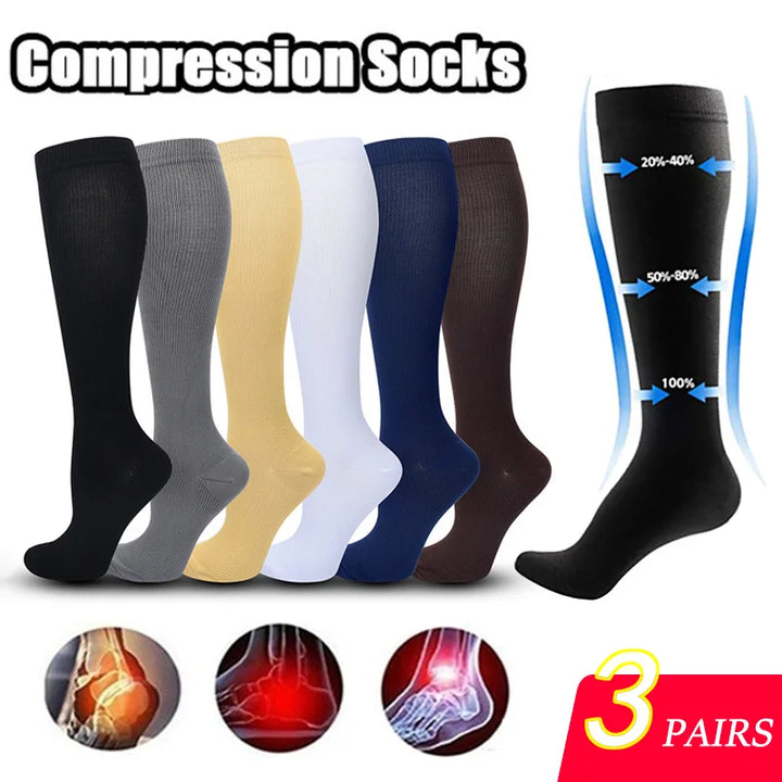 Unisex kniehoge compressiesokken (3 paar) voor sport, hardlopen en fietsen.