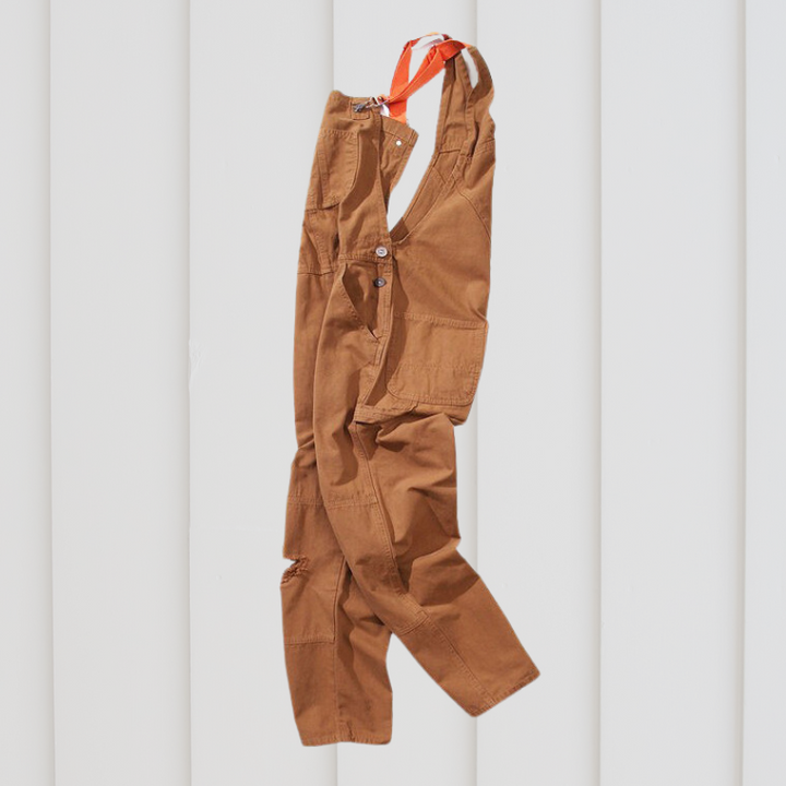 Unisex tuinbroek, groen, met schouderbanden en zakken, robuust en comfortabel voor buitenwerk en flexibele bewegingen.