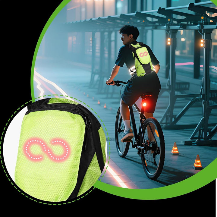Motorfietsrugzak met opvallende LED verlichting. Onmisbaar voor veiligheid bij nachtelijke ritten.