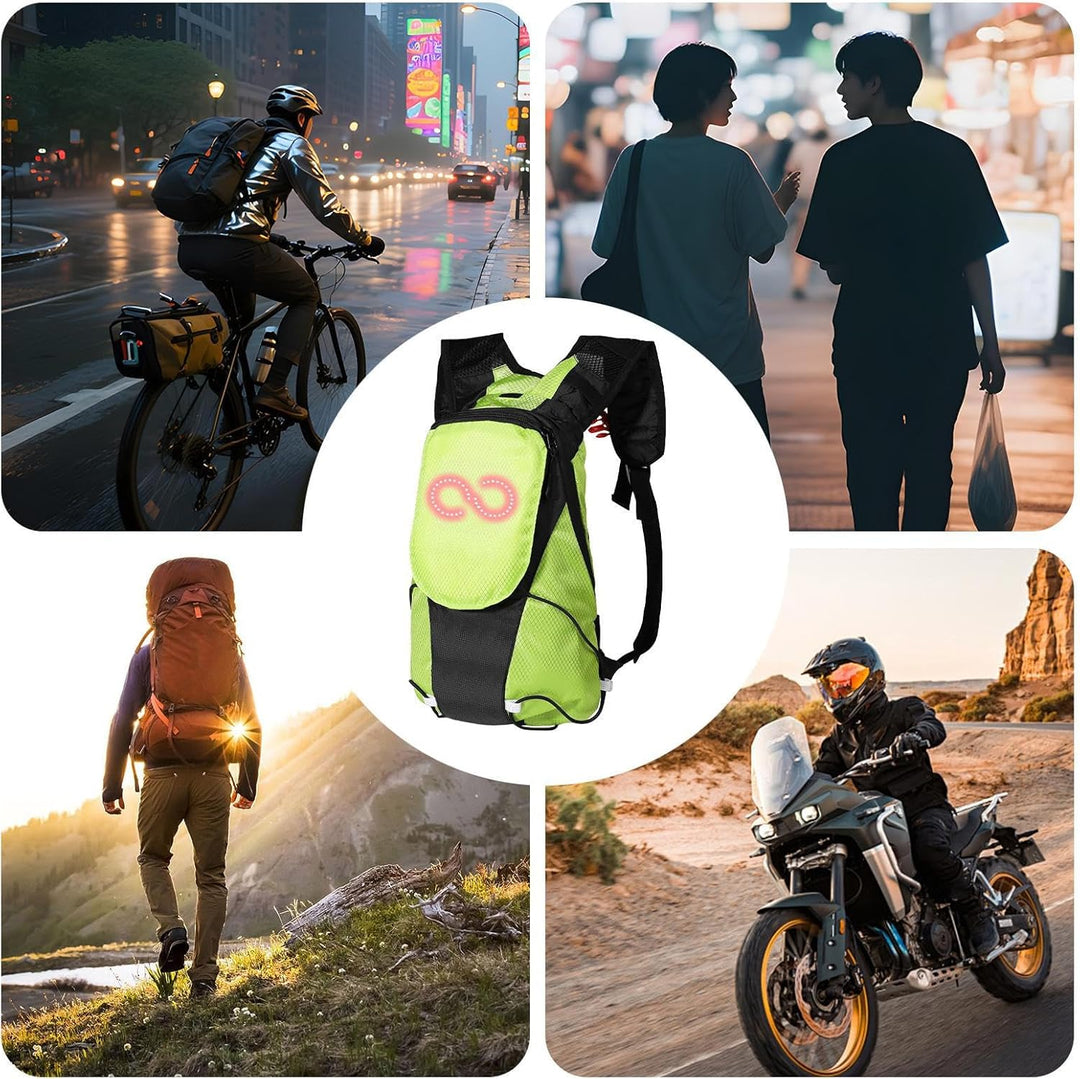 Stijlvolle unisex LED motorfietsrugzak. Ideaal voor veiligheid en zichtbaarheid tijdens nachtrijden.