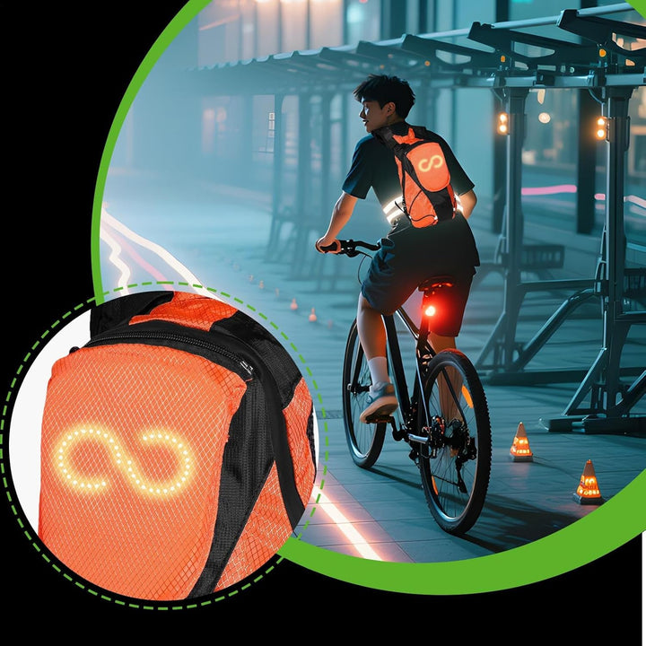Lumaro LED motorfietsrugzak, perfect voor nachtritten. Biedt essentiële zichtbaarheid en veiligheid.
