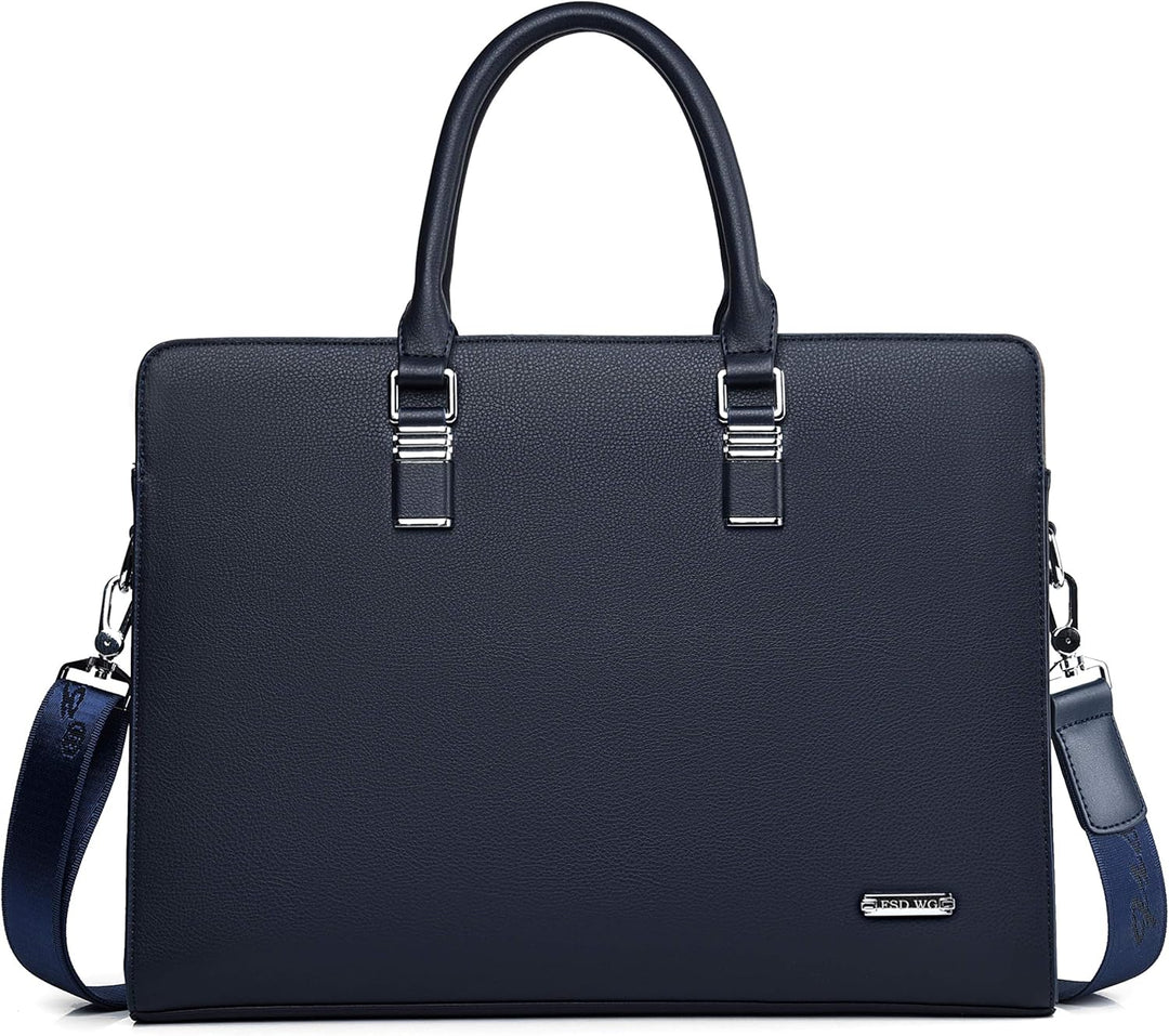 Blauwe lederen document organizer tas, unisex, met apart laptopvak voor professionals onderweg.