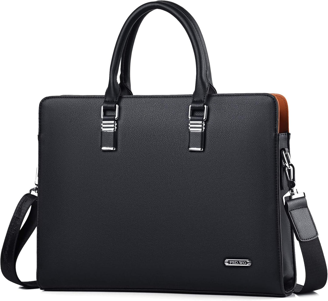 Zwarte genuine leer unisex reistas, aktetas-stijl, met ruime vakken voor laptop en reisdocumenten.