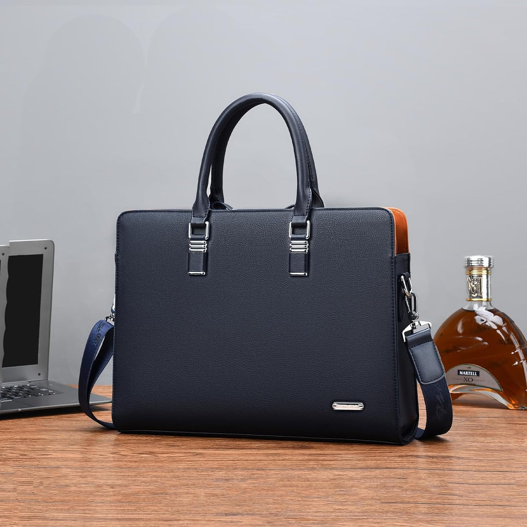 Premium leren aktetas, unisex, met multifunctionele vakken voor laptop, tablet en documenten.