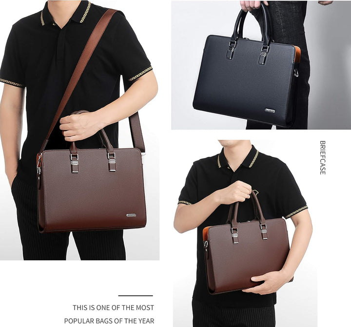 Zwarte professionele unisex laptop tas, echt leer, met handige vakken voor een georganiseerde dag.