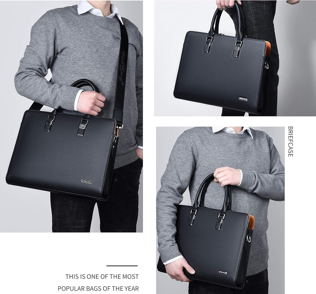 Luxe bruine leren documententas, unisex, met diverse vakken voor laptop en reisbenodigdheden.