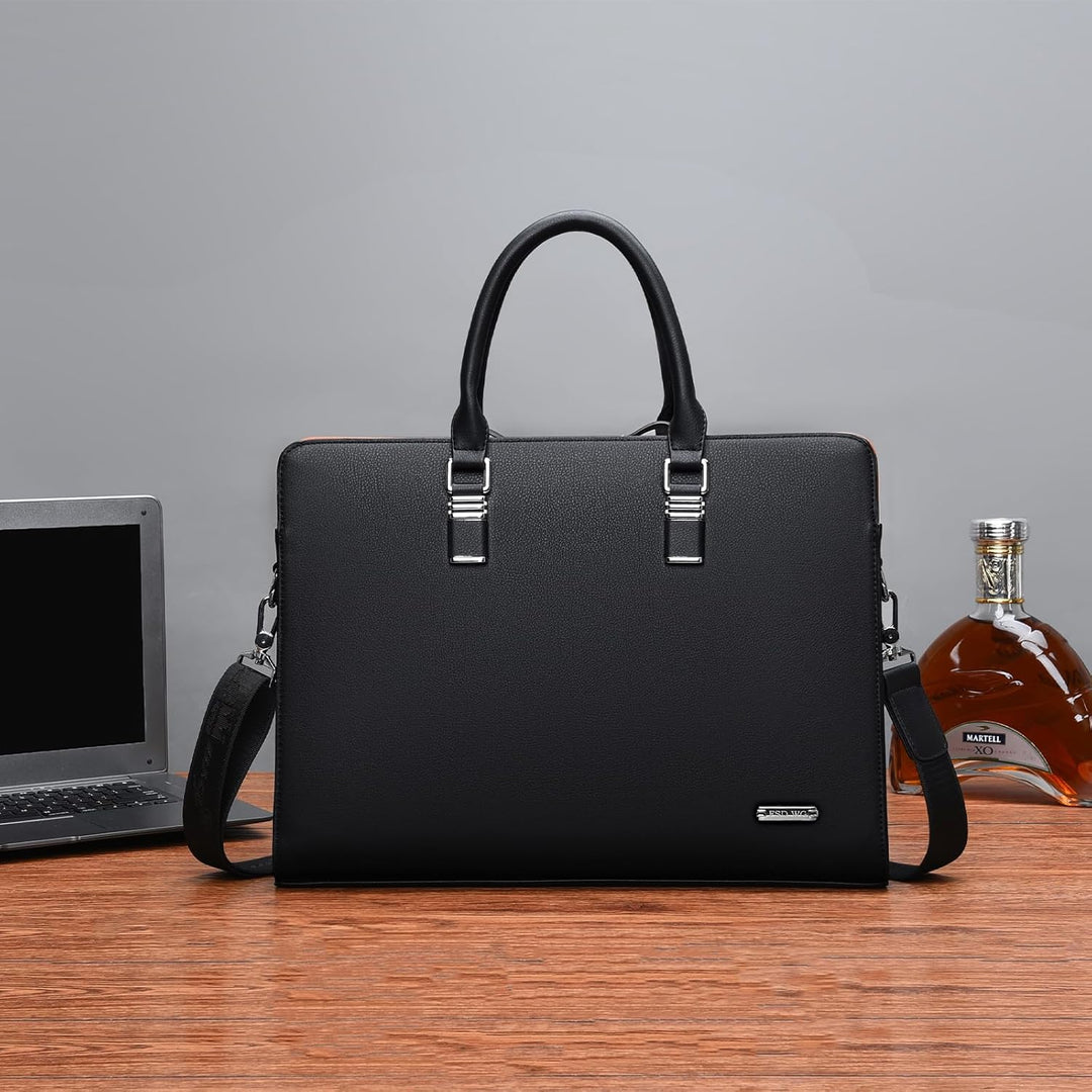 Stijlvolle blauwe unisex laptop tas, echt leer, met meerdere compartimenten voor zakelijk gebruik.