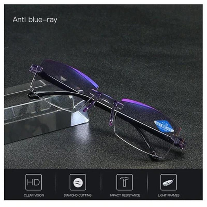 Oogbescherming VisionGuard: multifocale bril tegen presbyopie en schermvermoeidheid, met blauwlichtfilter.